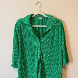 Vibrant Green Pleated Button Down Shirt